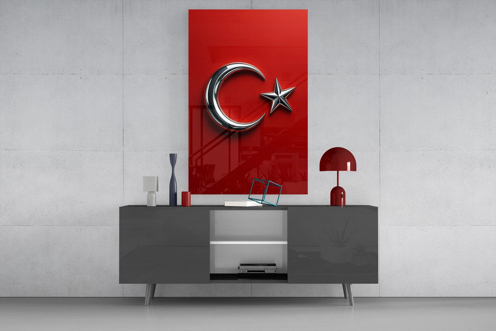 Chrome Crescent and Star on Red Glass Wall Art