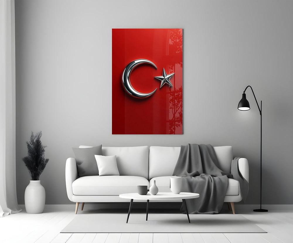 Chrome Crescent and Star on Red Glass Wall Art