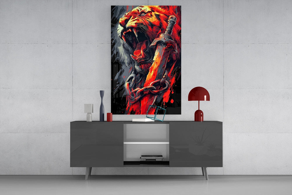 Roaring Tiger with Chained Sword Glass Wall Art