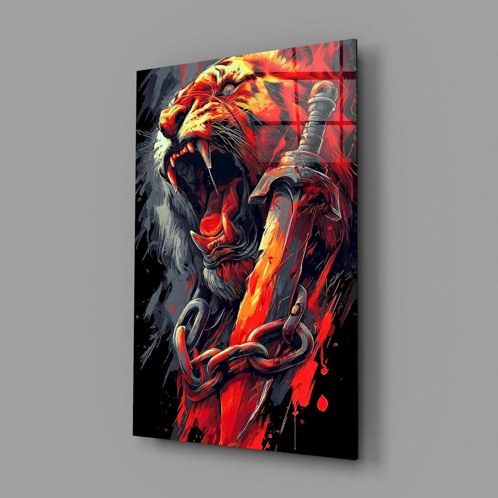 Roaring Tiger with Chained Sword Glass Wall Art