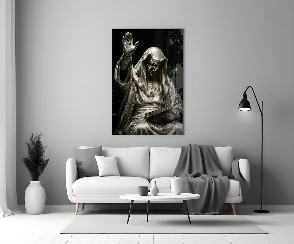 Silver Masked Oracle with Book Dark Glass Wall Art
