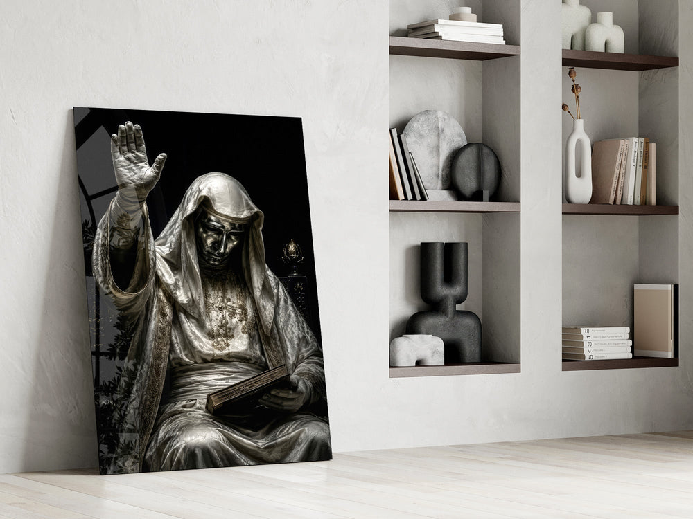 Silver Masked Oracle with Book Dark Glass Wall Art