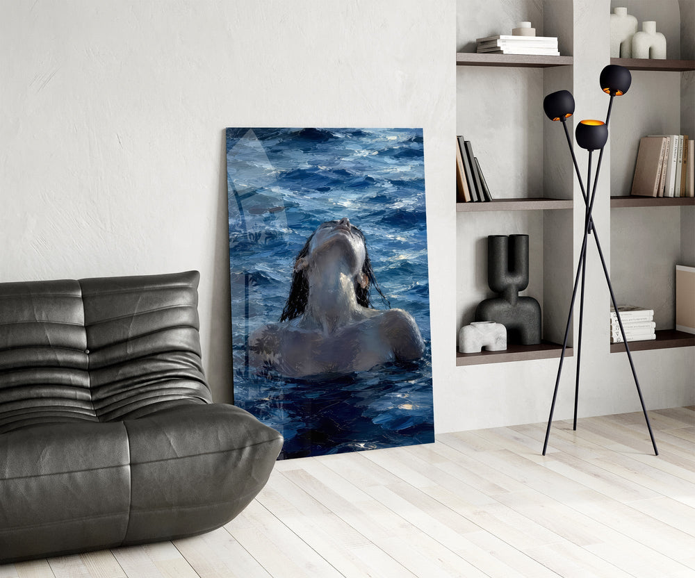 Woman Rising from the Sea Impasto Glass Wall Art