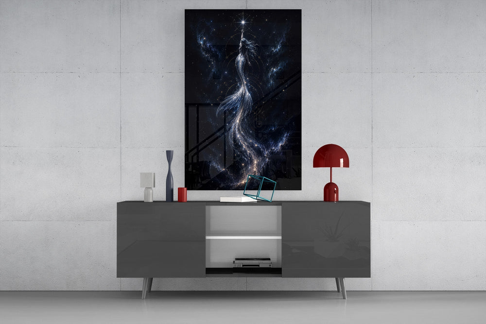 Celestial Mermaid Reaching for a Star Glass Wall Art