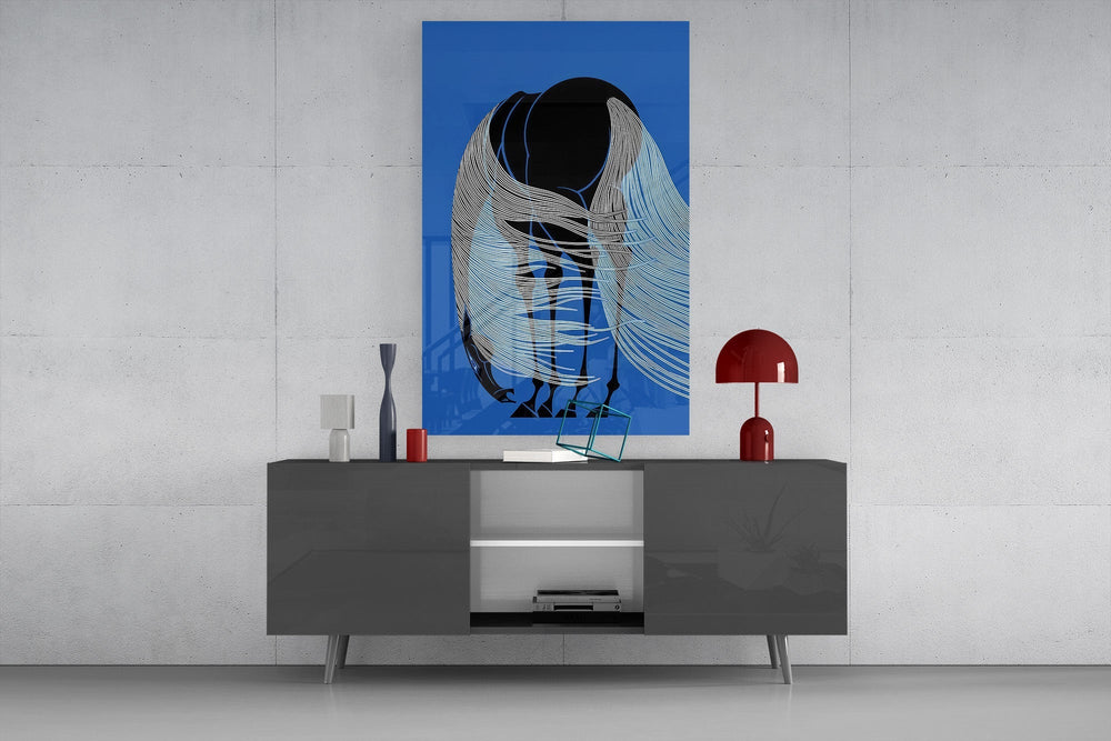 Horse with Flowing Mane Line Art on Blue Glass Wall Art