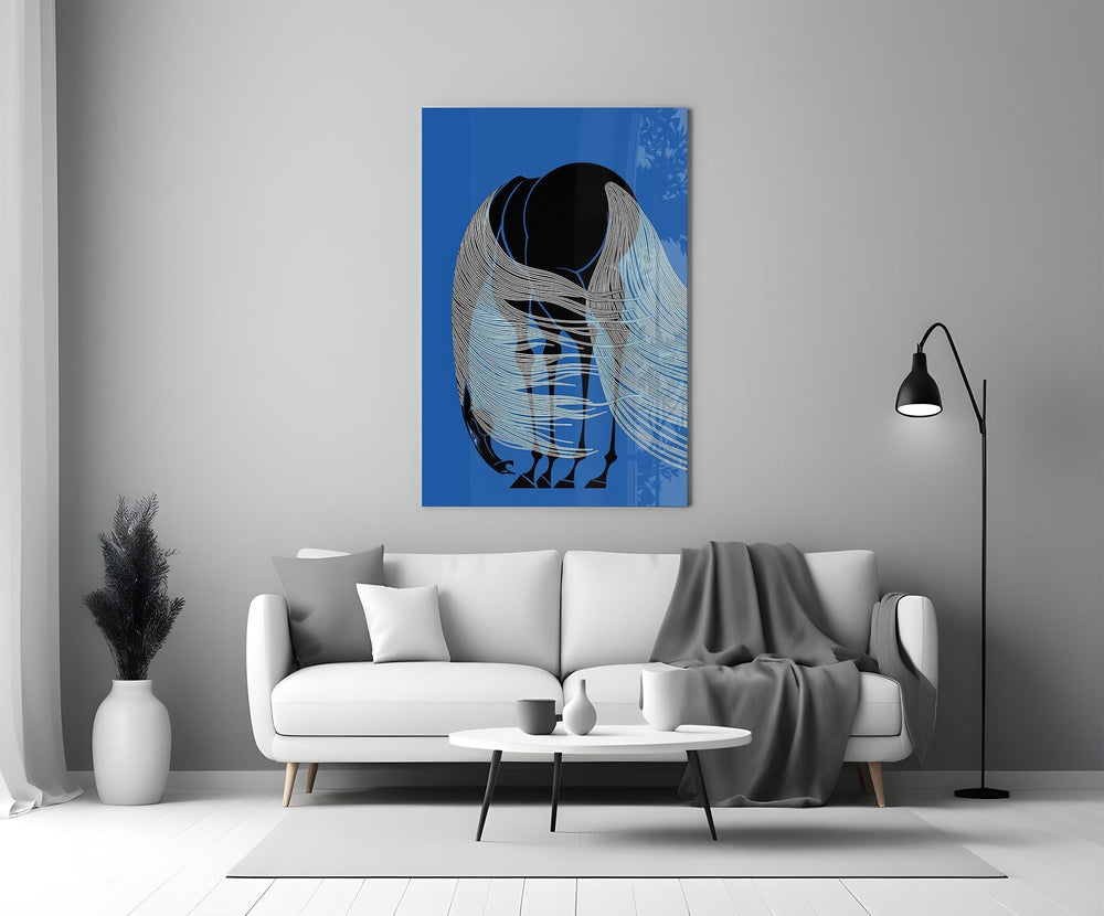 Horse with Flowing Mane Line Art on Blue Glass Wall Art