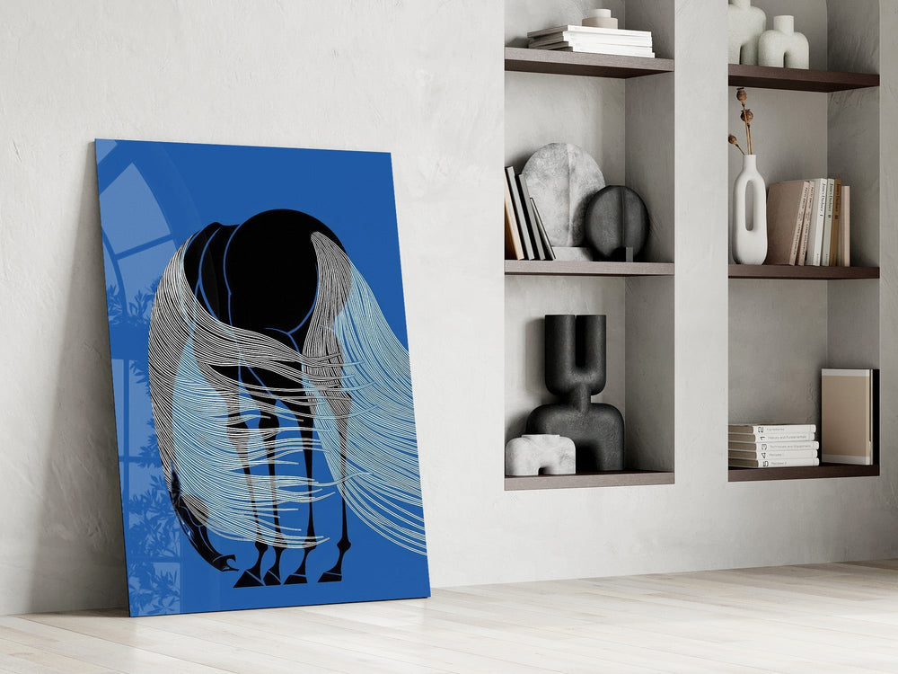 Horse with Flowing Mane Line Art on Blue Glass Wall Art