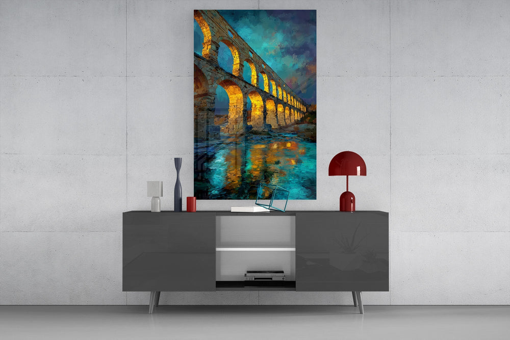 Roman Aqueduct at Dusk Impressionist Glass Wall Art