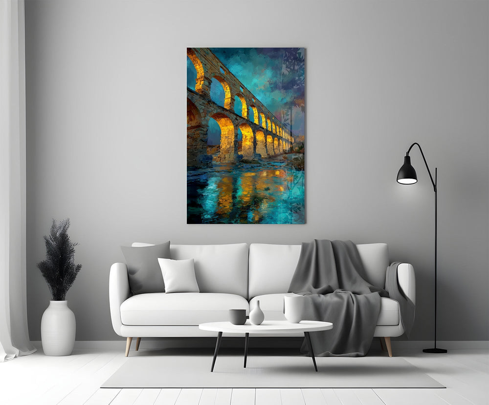 Roman Aqueduct at Dusk Impressionist Glass Wall Art
