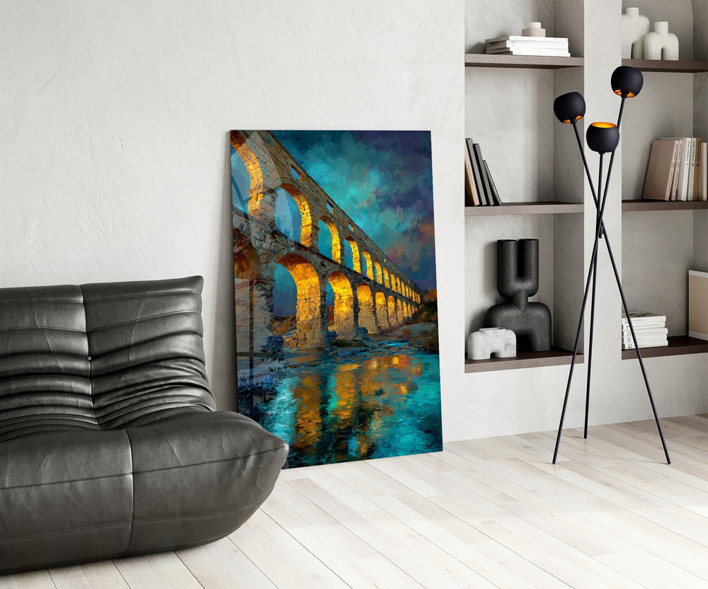 Roman Aqueduct at Dusk Impressionist Glass Wall Art