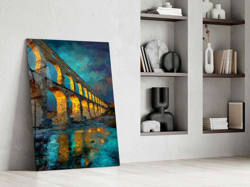Roman Aqueduct at Dusk Impressionist Glass Wall Art