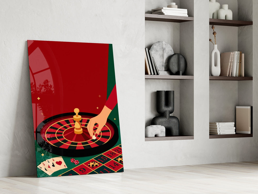 Roulette Wheel and Chess King Casino Illustration Glass Wall Art