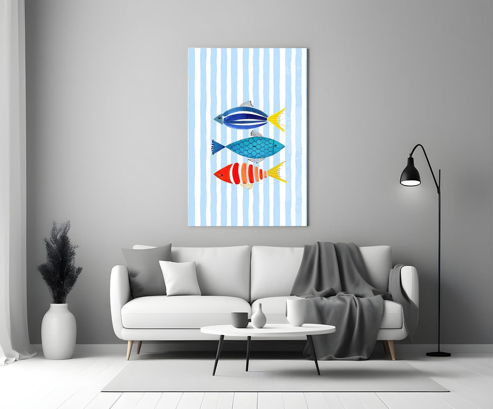 Three Striped Fish on Blue Stripes Coastal Glass Wall Art