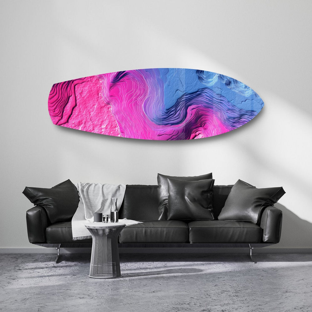 Pembe Mavi Topografik Dalga Soyut Cam Tablo.