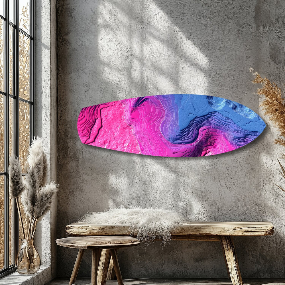 Pembe Mavi Topografik Dalga Soyut Cam Tablo.