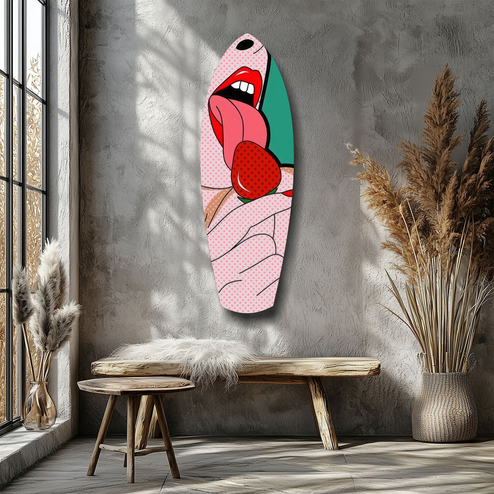 Pop Art Dudaklar Çilekli Dil Cam Tablo.