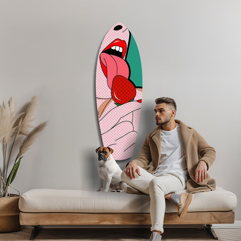 Pop Art Dudaklar Çilekli Dil Cam Tablo.