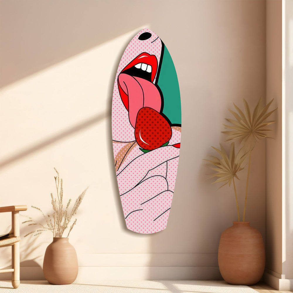Pop Art Dudaklar Çilekli Dil Cam Tablo.