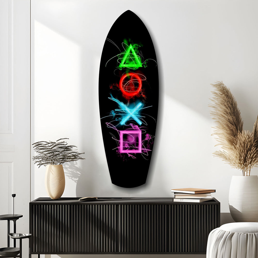 Neon Geometrik İkonlar Gamer Parlama Cam Tablo.