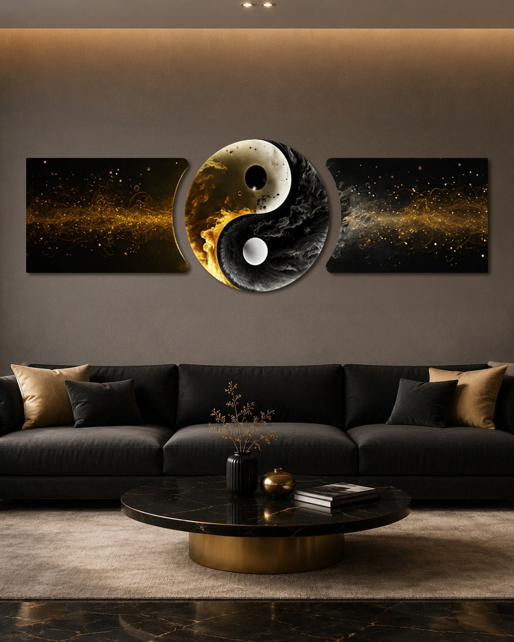 Altın Siyah Yin Yang Dengesi 3 Parça Cam Tablo