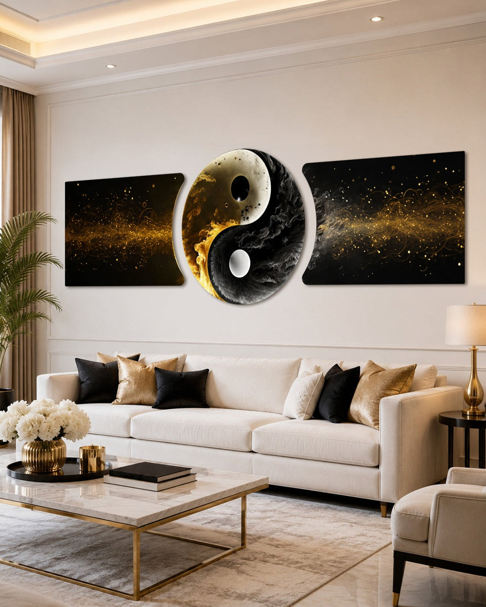 Altın Siyah Yin Yang Dengesi 3 Parça Cam Tablo