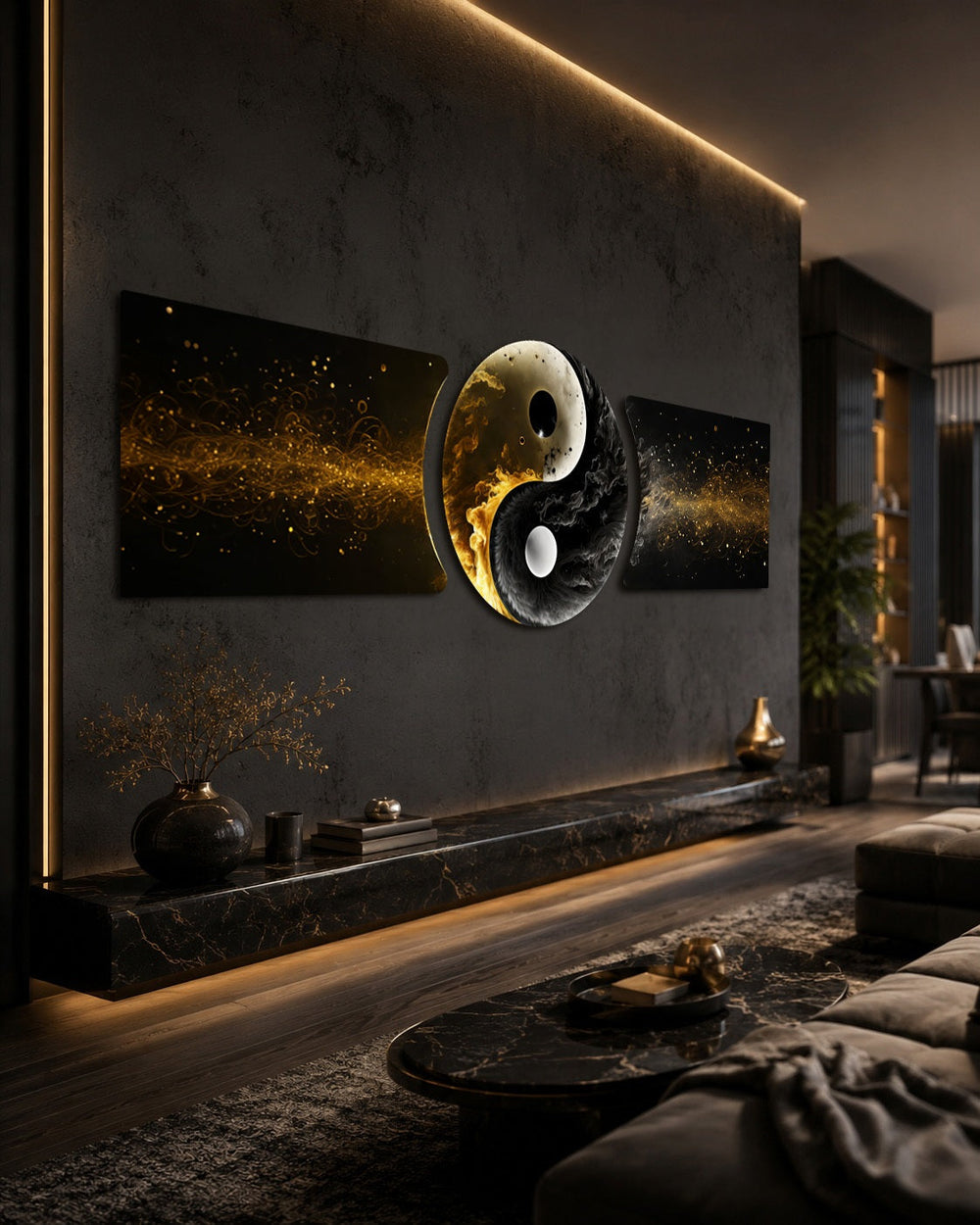 Altın Siyah Yin Yang Dengesi 3 Parça Cam Tablo