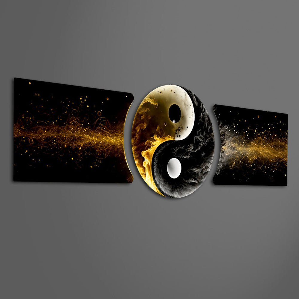 Altın Siyah Yin Yang Dengesi 3 Parça Cam Tablo