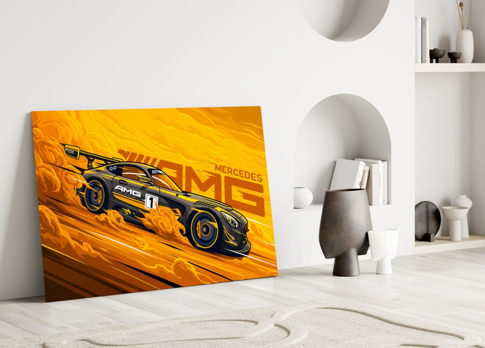 AMG's Fire Yellow Speed Glass Wall Art || Designer Collection