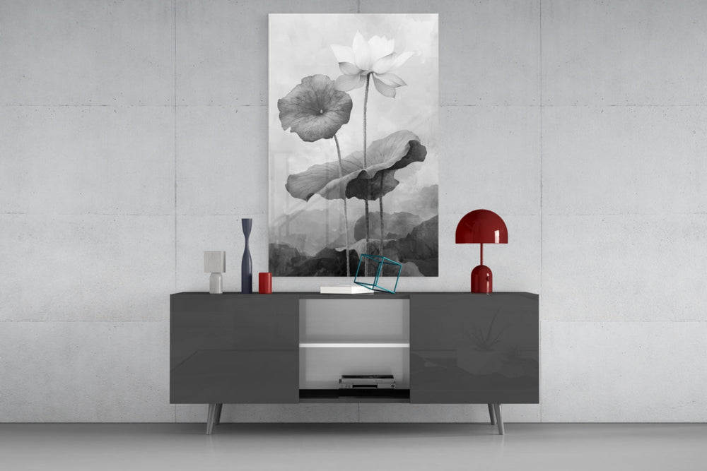 Black and White Water Lily Glass Wall Art || Designer Collection