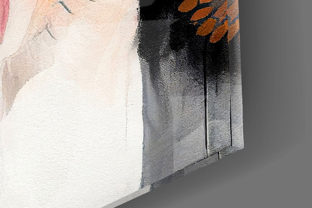 Mixed-media tangerine-disc abstract glass wall art in boutique cafe entry