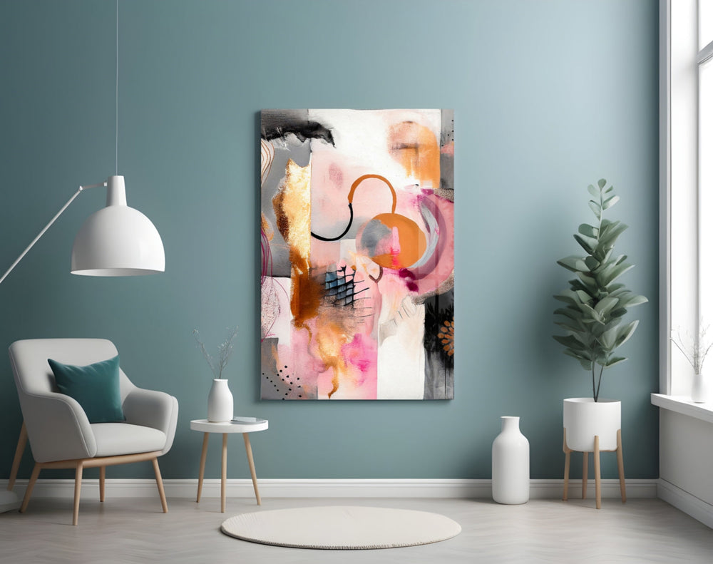 Soft-pink and charcoal cinematic glass wall art over master-bedroom headboard