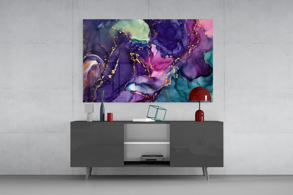 Magenta-and-teal marble cinematic glass wall art in designer office