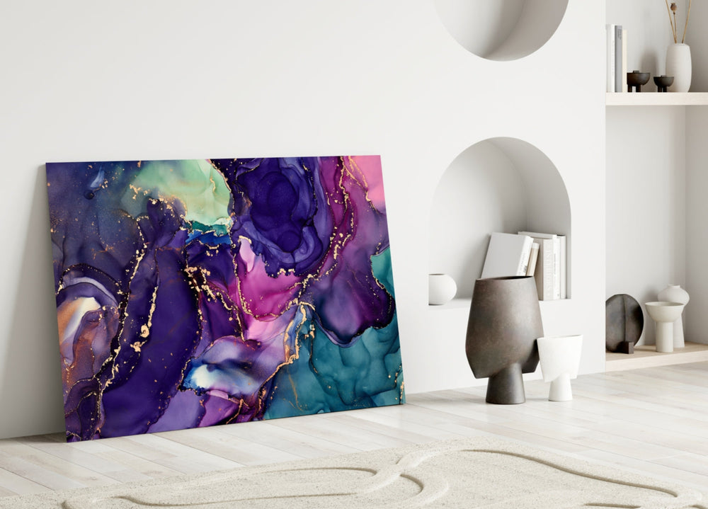 Violet-and-gold-vein marble glass wall art over master-bedroom headboard