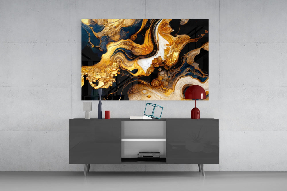 Onyx-and-ivory marble cinematic glass wall art in designer office