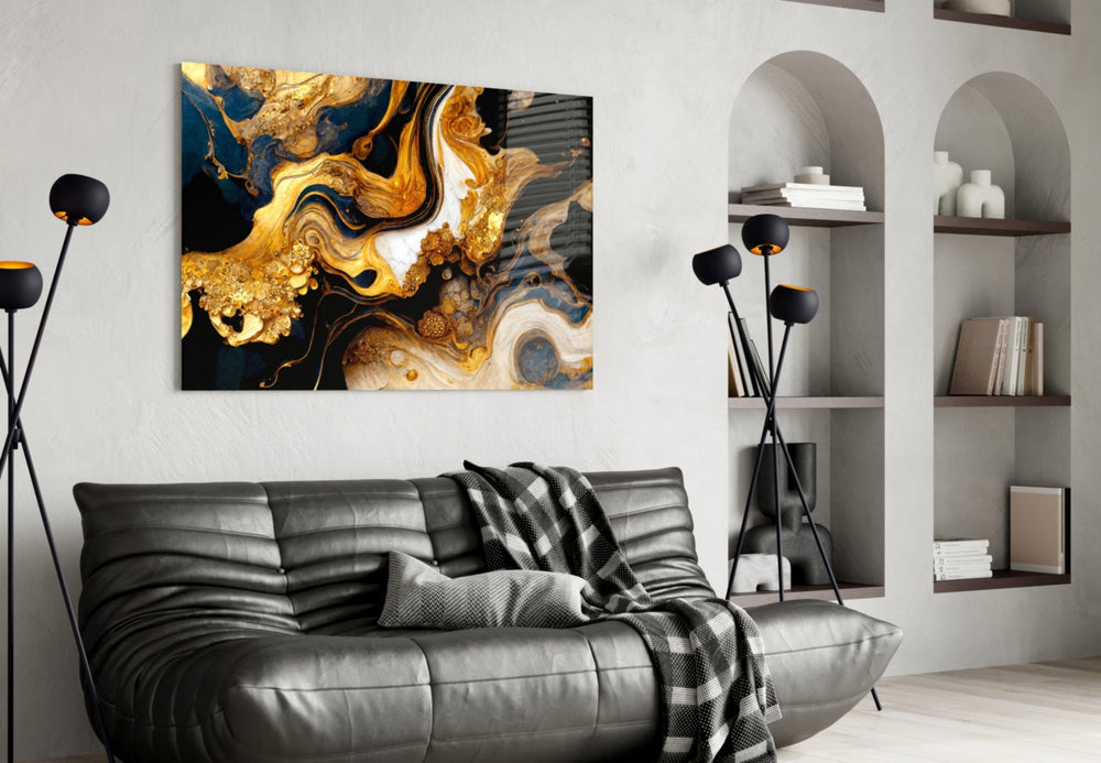 Sapphire-and-gold marble cinematic glass wall art in fashion-house entry