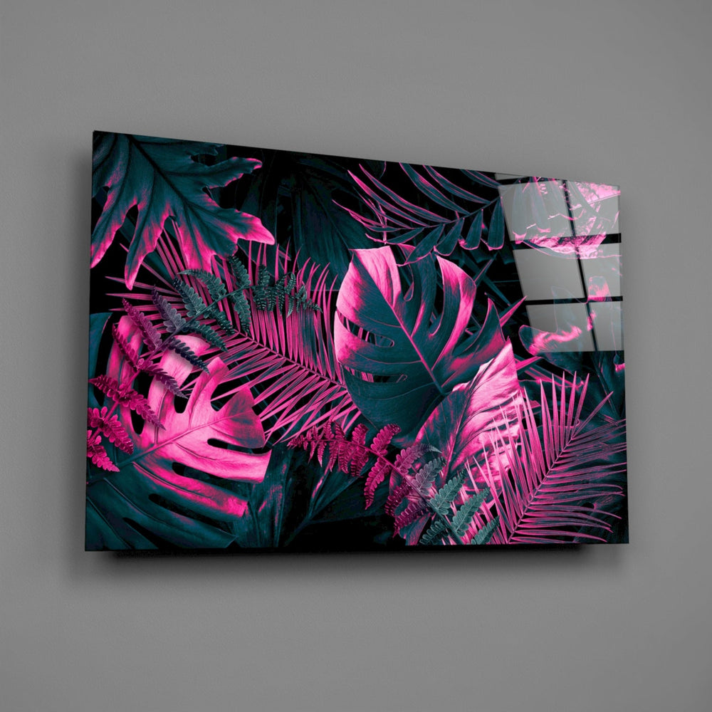 Synthwave monstera glass wall art over modern living-room sofa
