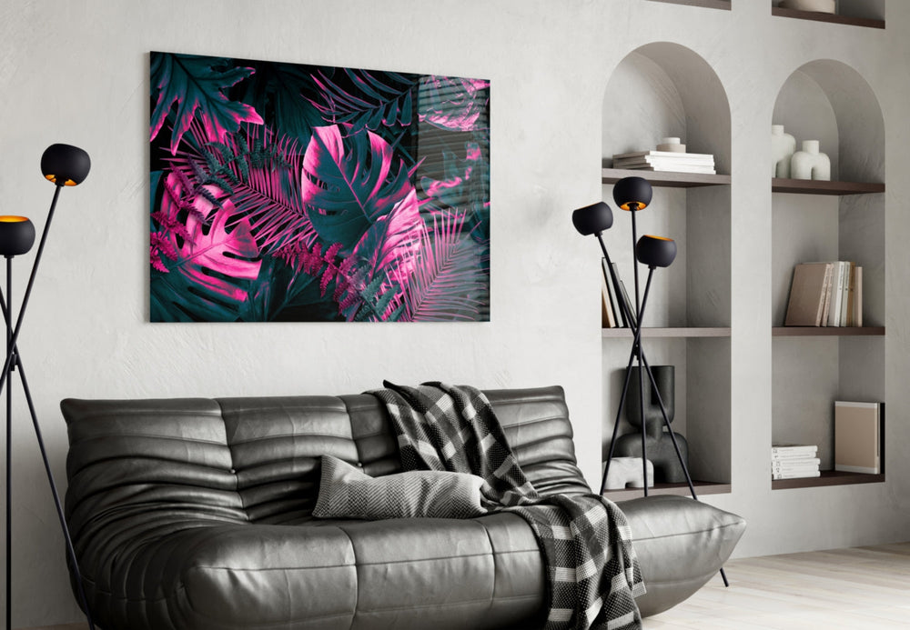 Hot-pink rim-light jungle glass wall art over walnut bar cabinet