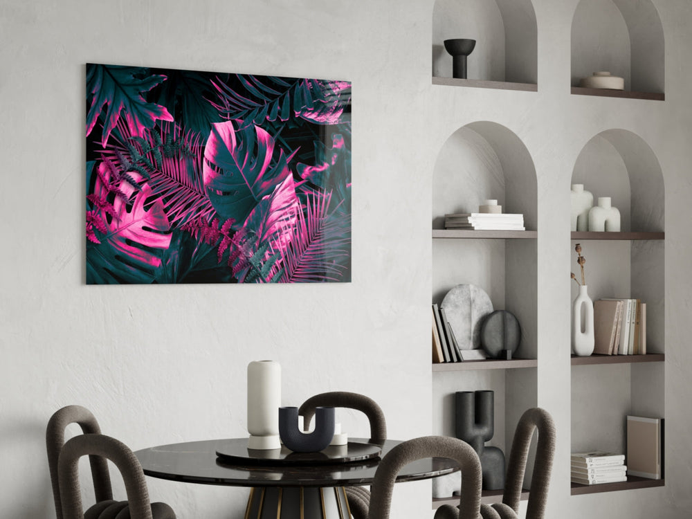 Magenta monstera cinematic glass wall art over master-bedroom headboard