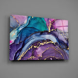 Amethyst-magenta cinematic glass wall art over walnut sideboard with crystal lamp