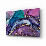 Purple teal gold marble fluid-art glass wall art above ivory boucle sofa