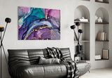 Couture fluid-art amethyst glass wall art in fashion-house entry lobby