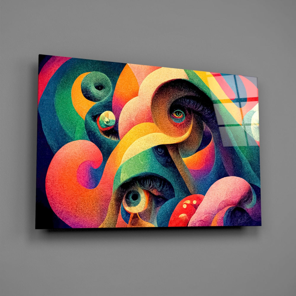 Surreal whimsical-eyes glass wall art over walnut console in creative office