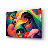 Psychedelic eye swirl glass wall art above black sofa in maximalist lounge