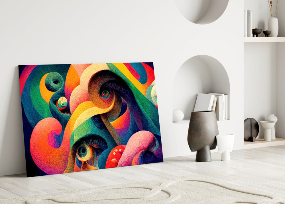 Stippled rainbow vortex glass wall art over master-bedroom headboard
