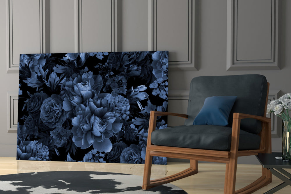 Black-ground peony cinematic glass wall art over modern bar cabinet