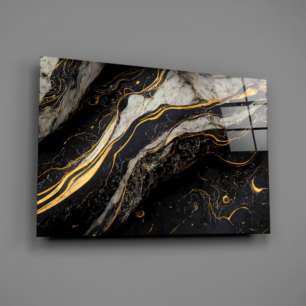 Onyx-and-gold-vein cinematic glass wall art over walnut dining sideboard