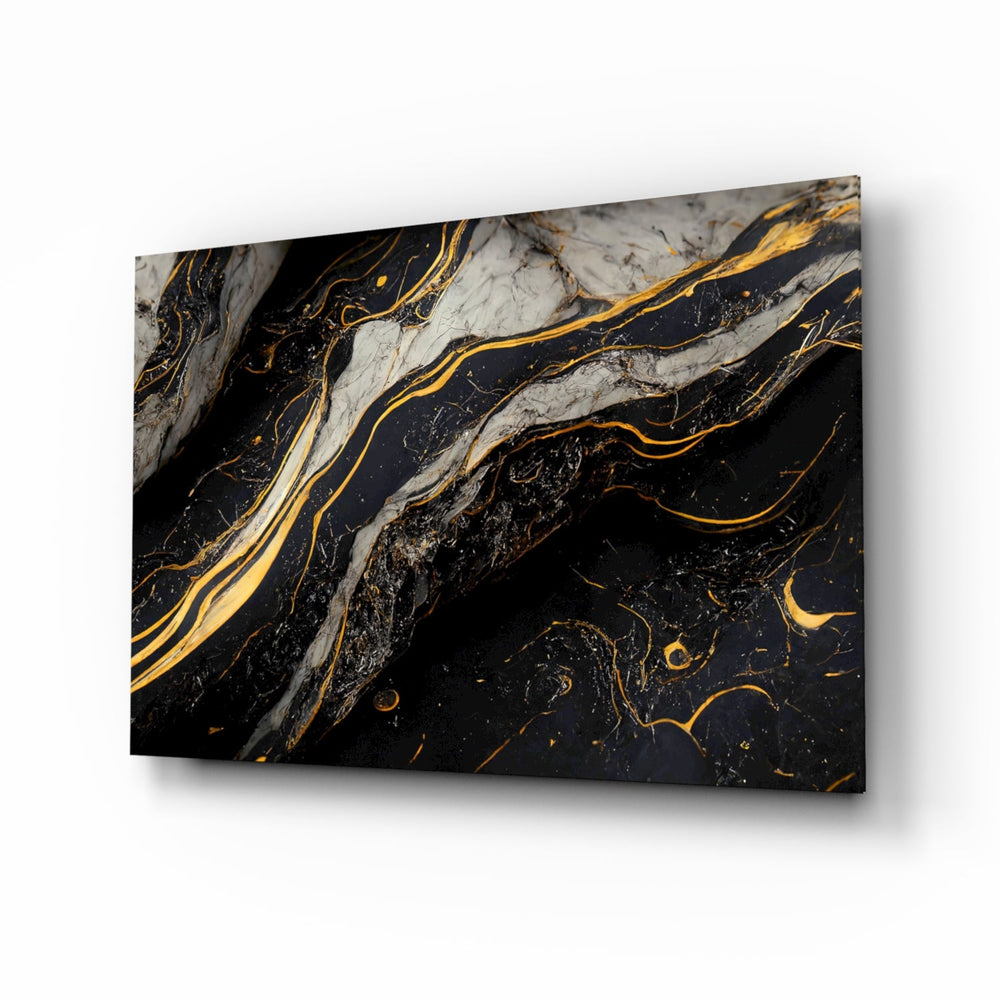 Black gold marble cinematic glass wall art above ivory boucle sofa in glamorous lounge