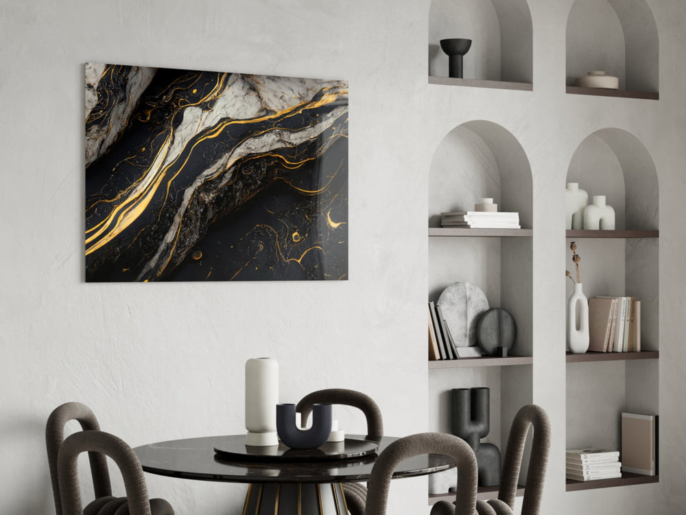 Tectonic black-marble cinematic glass wall art in designer hallway