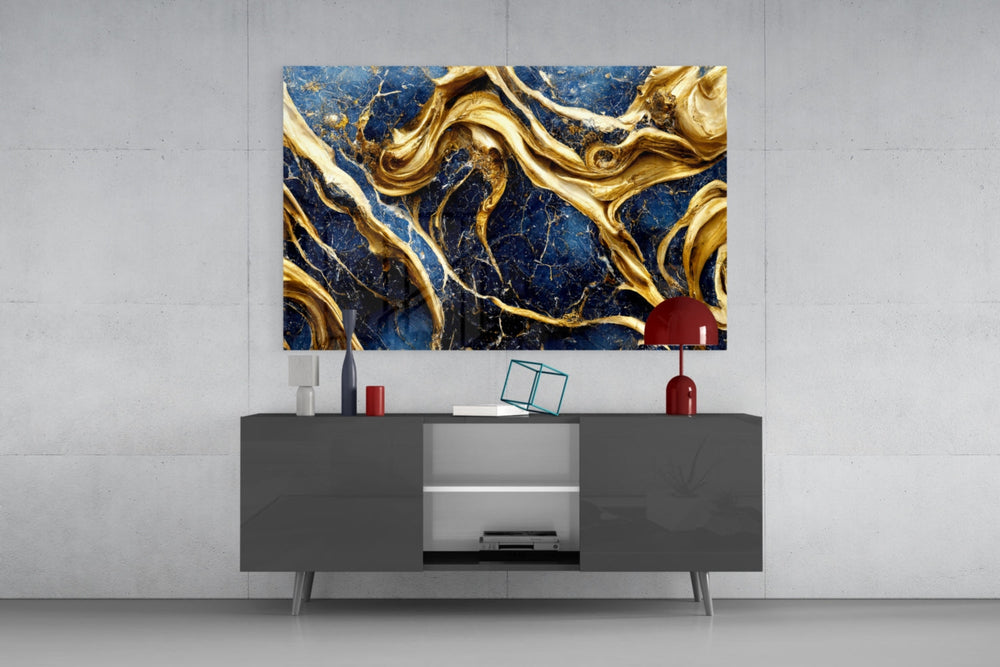 Sapphire-marble gold-rosette cinematic glass wall art in designer office
