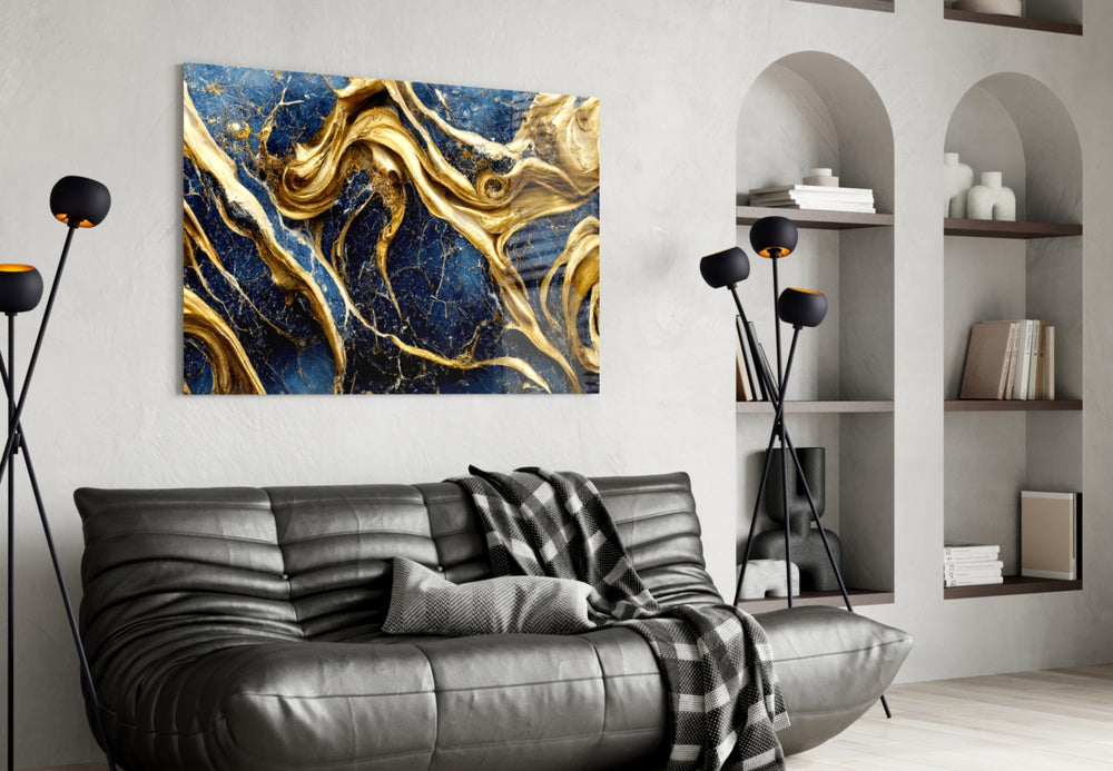 Couture impasto-gold cinematic glass wall art in fashion-house entry